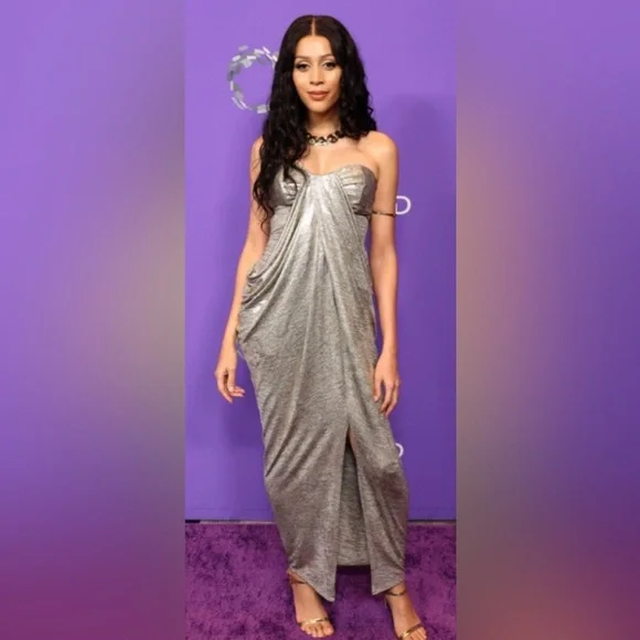 NWT NY&C Gabrielle Union Shimmery Gold Draped Women's Dress - Large - $130 - Picture 2 of 5